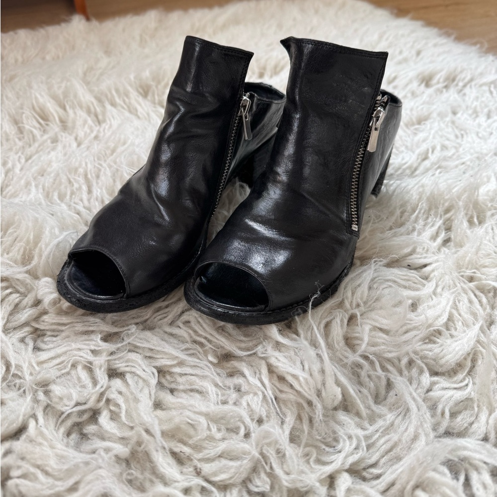 Officine Creative Black Leather Peep-Toe Ankle Boots